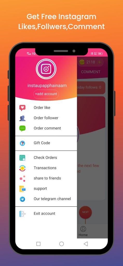 Instaup app user interface